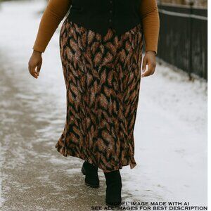 Vintage Plisse Maxi Skirt 3X Bird Feather Print Slits Elastic Neutral Minimalist